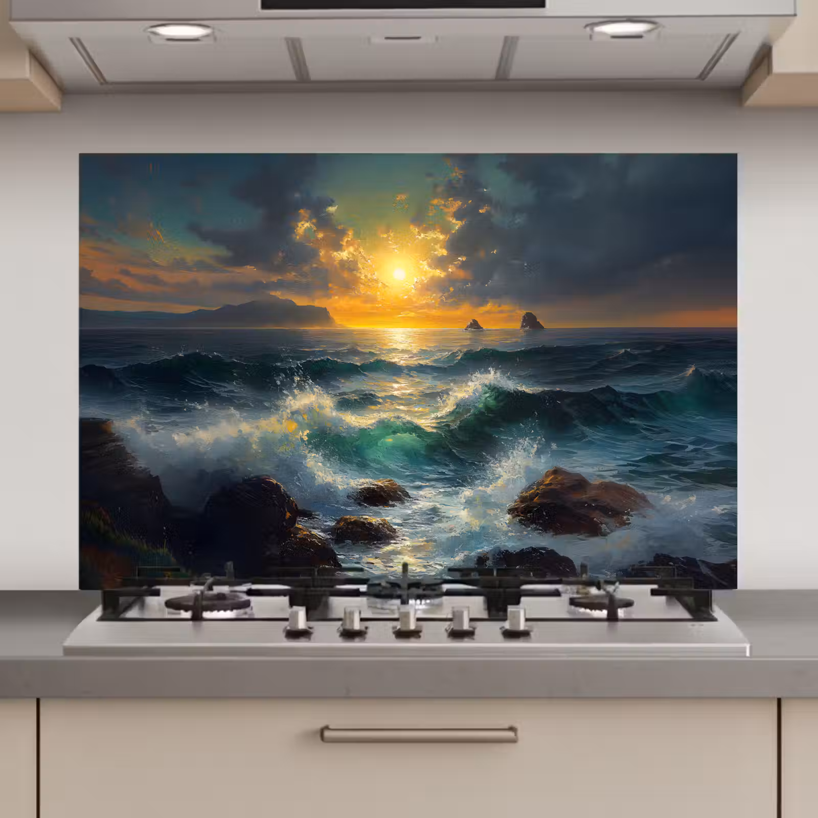 Spatscherm keuken - Zee - Zon - Golven - Rotsen — 1