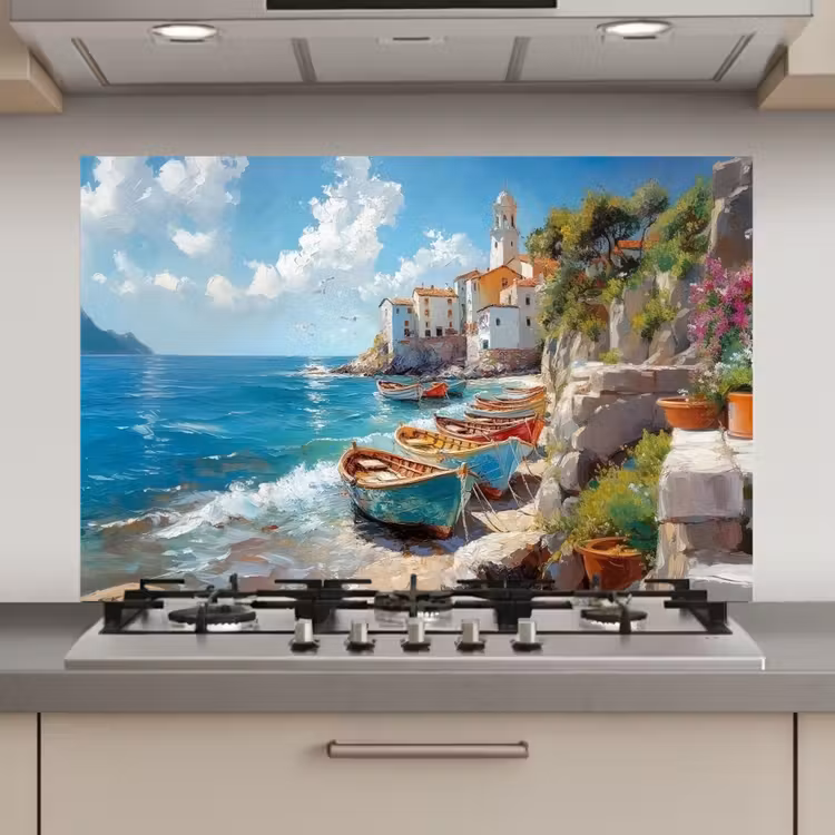 Spatscherm keuken - Boten - Rotsen - Zee - Zon — 1