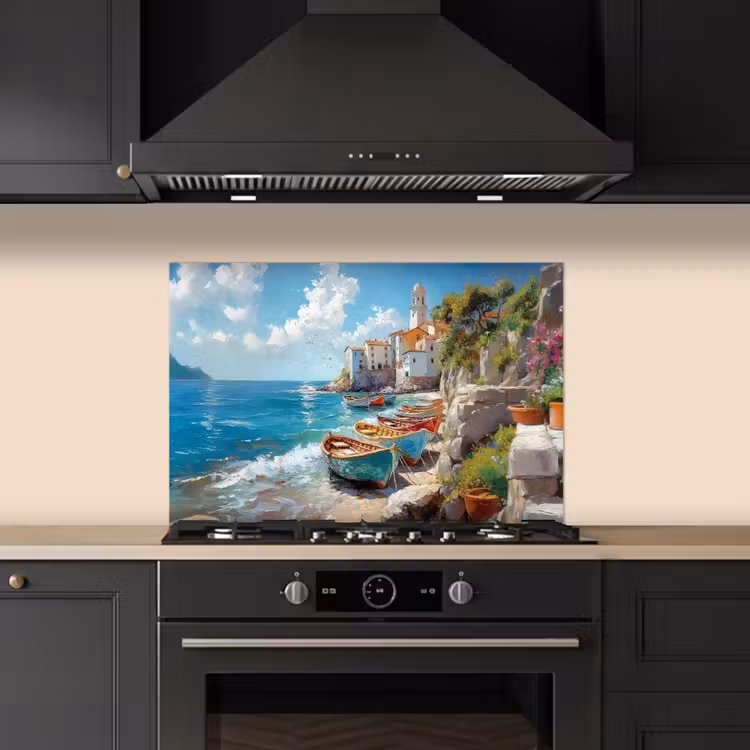 Spatscherm keuken - Boten - Rotsen - Zee - Zon — 2
