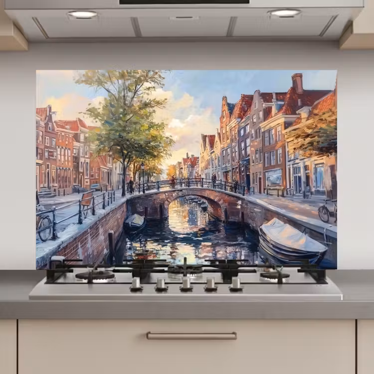 Spatscherm keuken - Brug - Stad - Huizen - Boot — 1