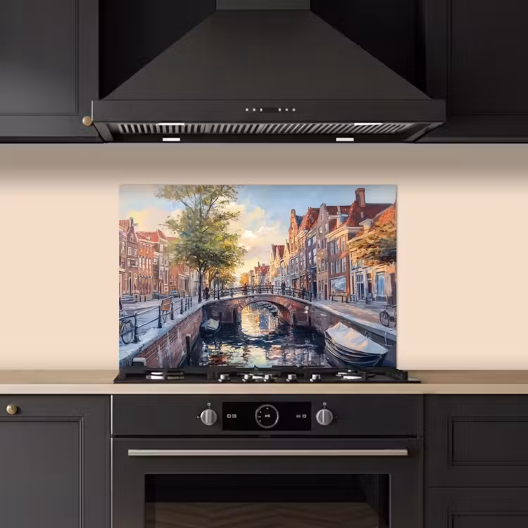 Spatscherm keuken - Brug - Stad - Huizen - Boot — 2