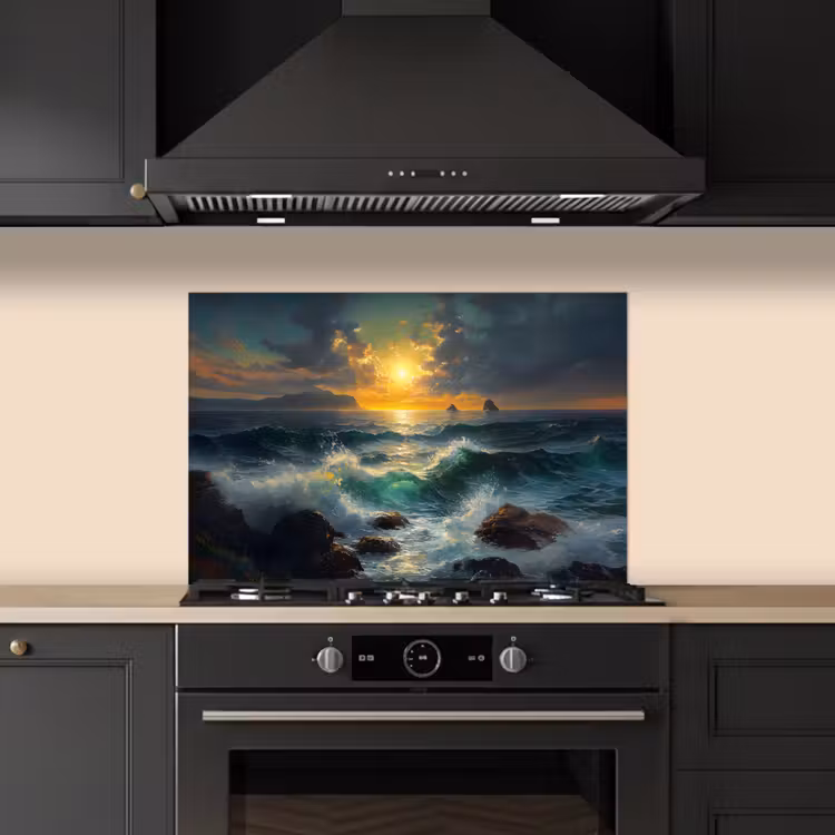 Spatscherm keuken - Zee - Zon - Golven - Rotsen — 2