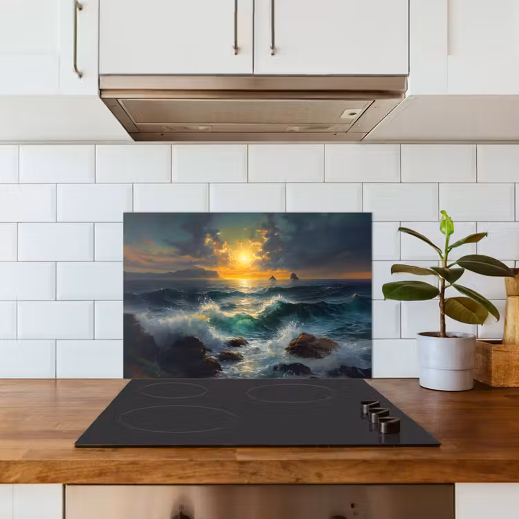 Spatscherm keuken - Zee - Zon - Golven - Rotsen — 6