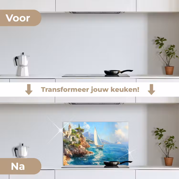 Spatscherm keuken - Zeilboot - Rotsen - Kust - Huizen — 3