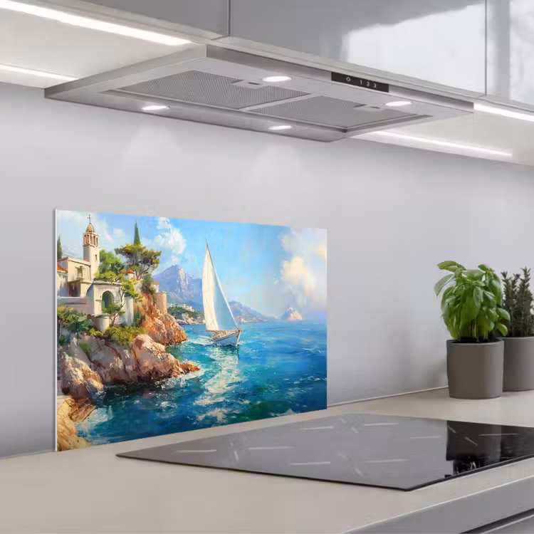 Spatscherm keuken - Zeilboot - Rotsen - Kust - Huizen — 5