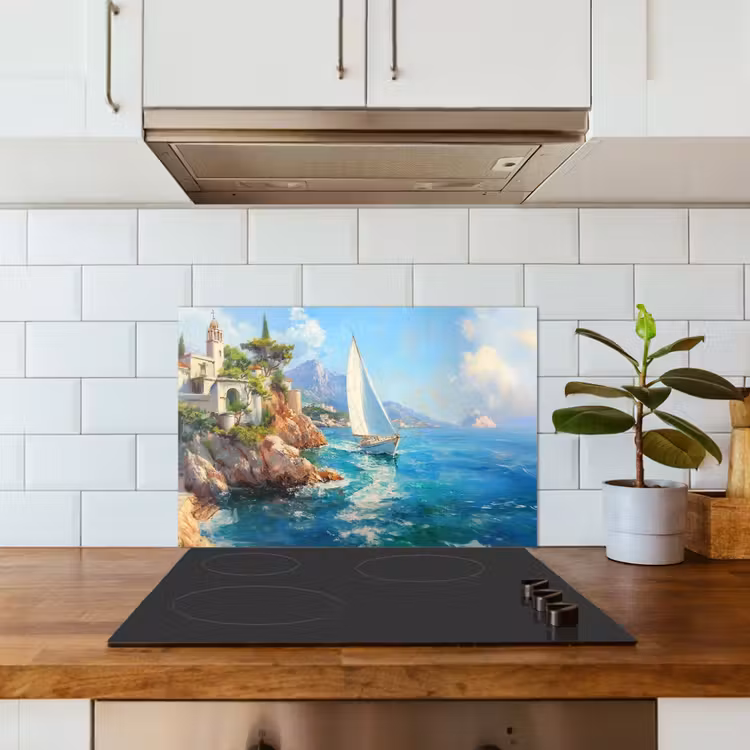 Spatscherm keuken - Zeilboot - Rotsen - Kust - Huizen — 6