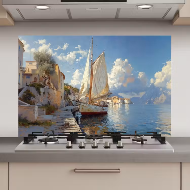 Spatscherm keuken - Zeilschip - Huizen - Kade - Zee — 1