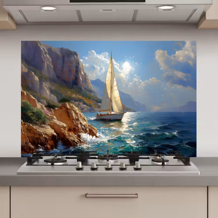 Spatscherm keuken - Zeilschip - Zee - Rotsen - Wolken — 1