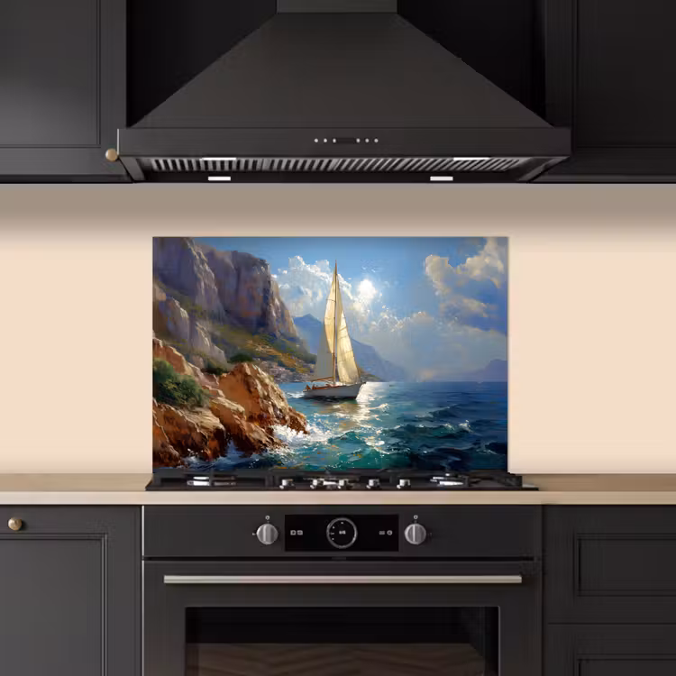 Spatscherm keuken - Zeilschip - Zee - Rotsen - Wolken — 2