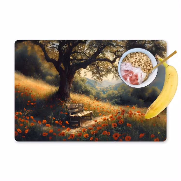 Placemat - 6 stuks - Bankje - Boom - Klaprozen - Heuvels — 1