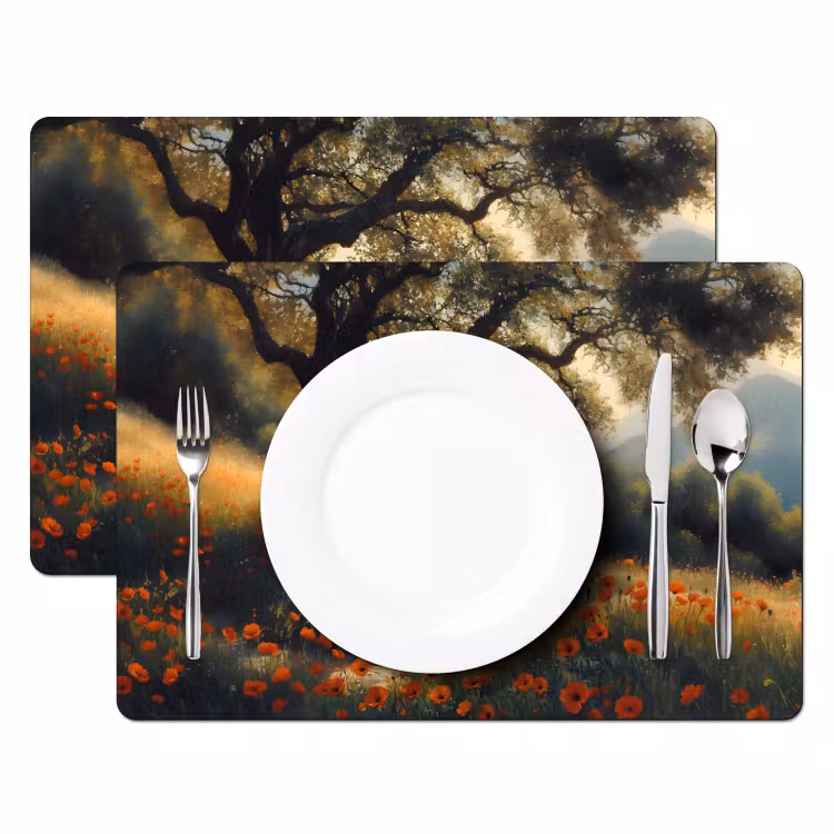 Placemat - 6 stuks - Bankje - Boom - Klaprozen - Heuvels — 2