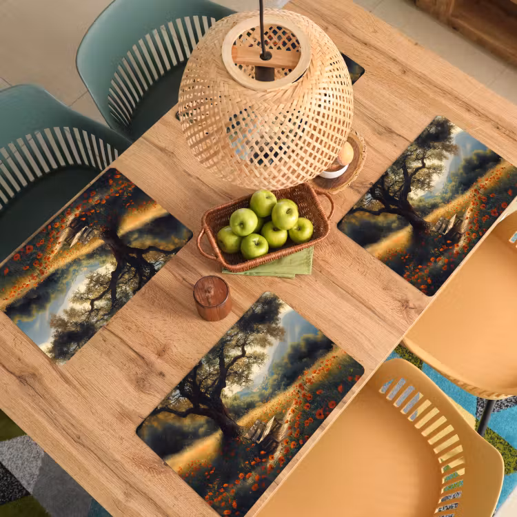 Placemat - 6 stuks - Bankje - Boom - Klaprozen - Heuvels — 6