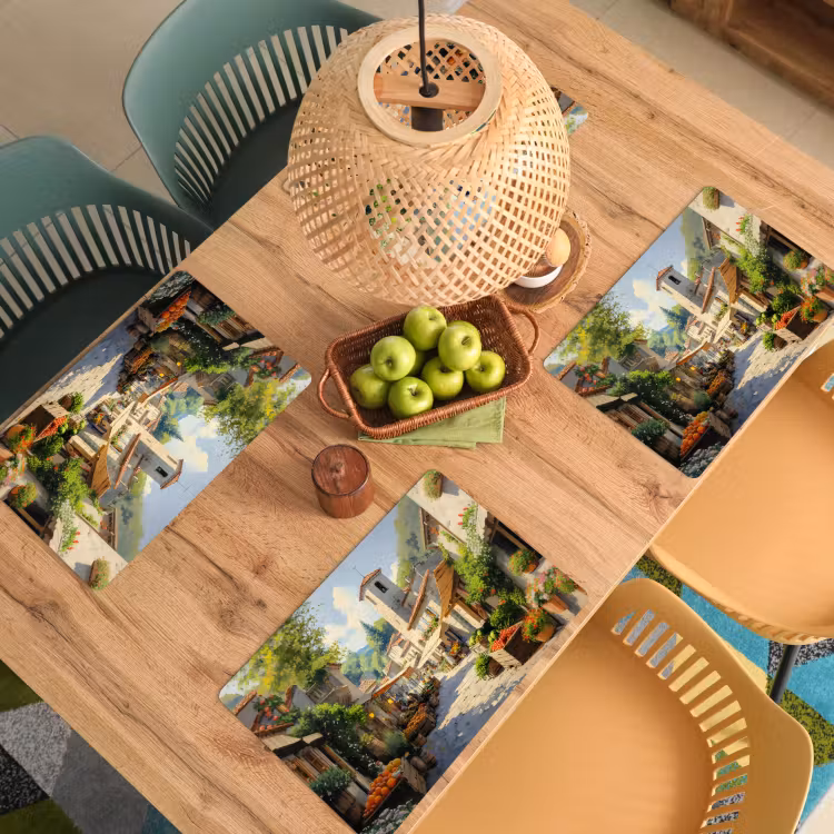 Placemat - 6 stuks - Dorp - Zon - Kraampjes - Huizen — 6