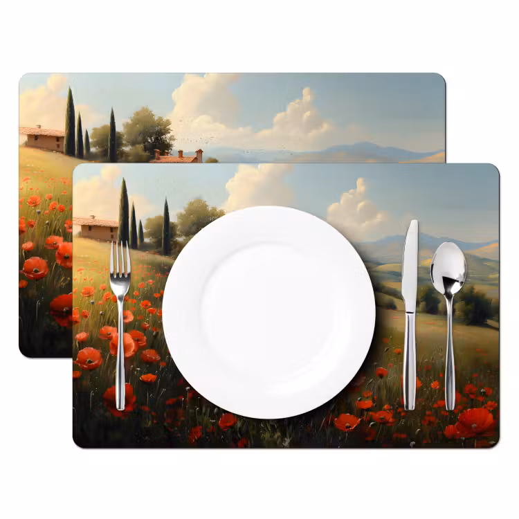 Placemat - 6 stuks - Klaprozen - Rood - Heuvels - Landschap — 2