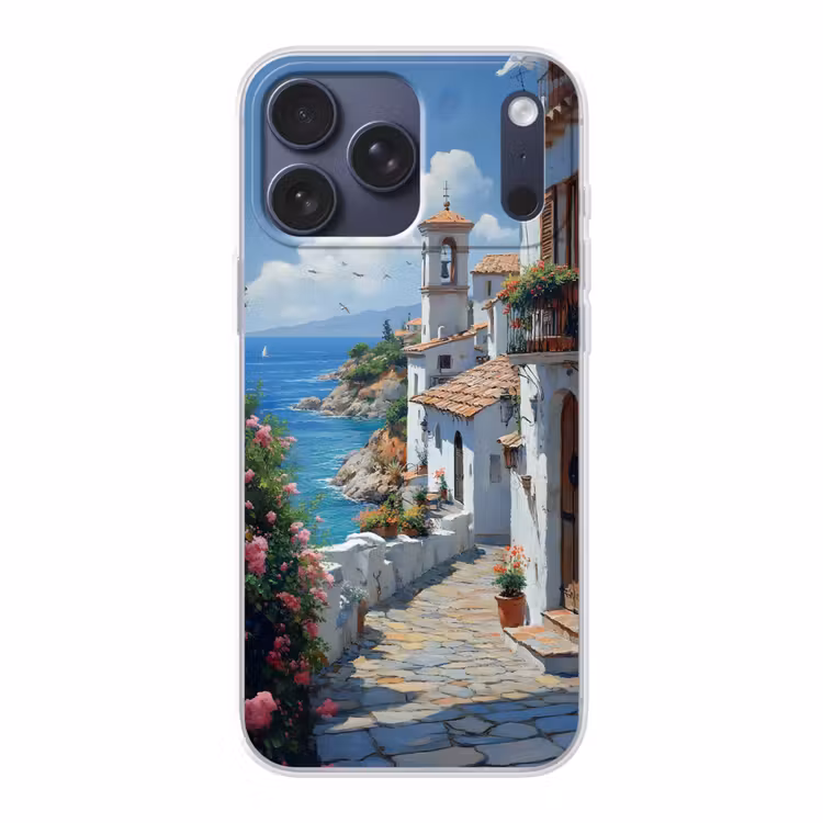 Telefoonhoesje Softcase - Huizen - Zee - Bomen - Bloemen — 1