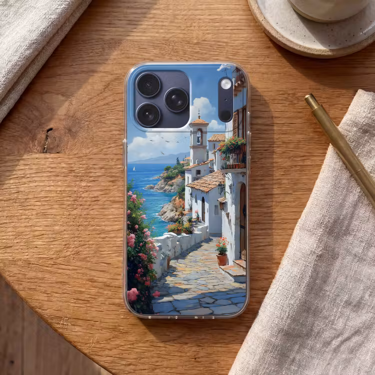 Telefoonhoesje Softcase - Huizen - Zee - Bomen - Bloemen — 2