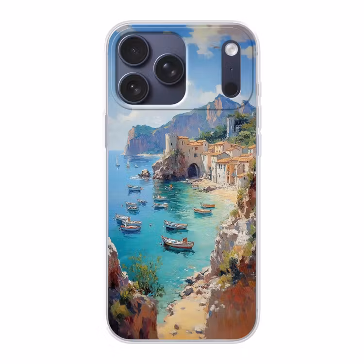 Telefoonhoesje Softcase - Kustdorp - Schilderij - Rotsen - Boten — 1