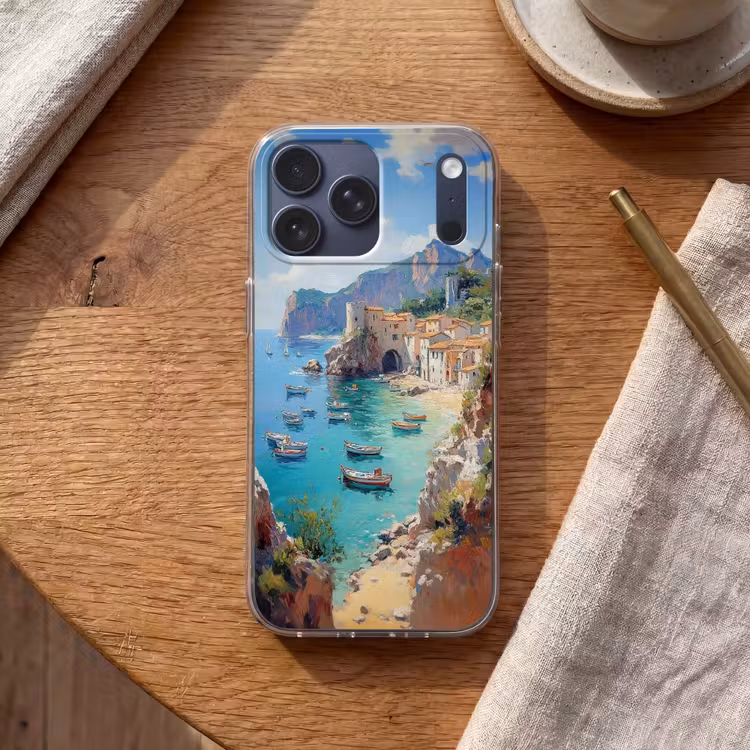 Telefoonhoesje Softcase - Kustdorp - Schilderij - Rotsen - Boten — 2