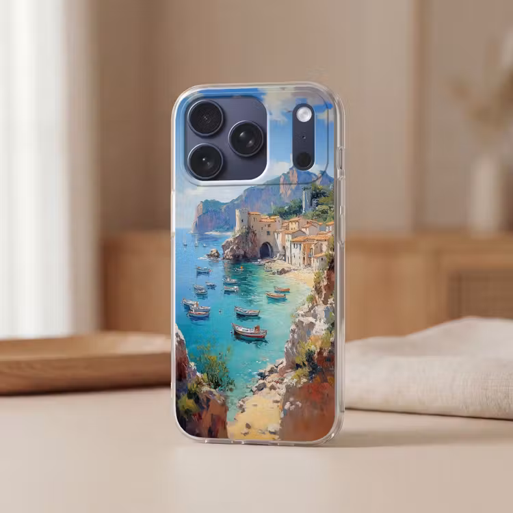 Telefoonhoesje Softcase - Kustdorp - Schilderij - Rotsen - Boten — 3