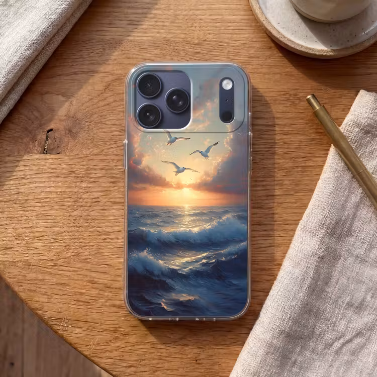 Telefoonhoesje Softcase - Meeuwen - Zonsondergang - Zee - Wolken — 2