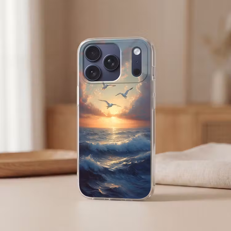 Telefoonhoesje Softcase - Meeuwen - Zonsondergang - Zee - Wolken — 3