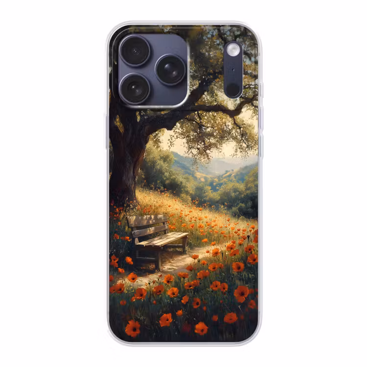 Telefoonhoesje Softcase - Bankje - Boom - Klaprozen - Heuvels — 1
