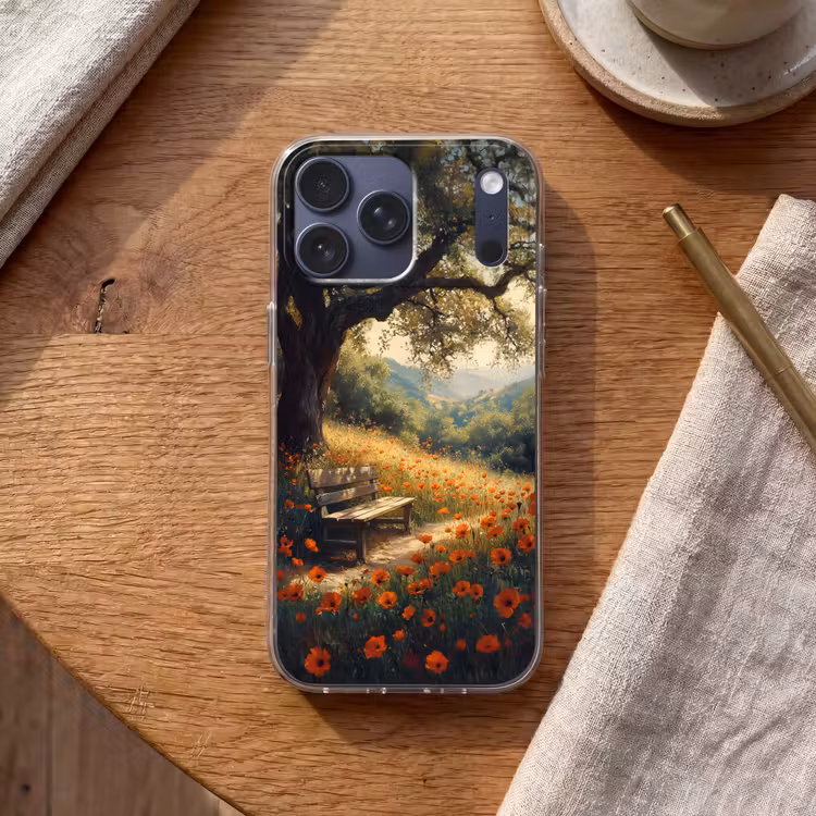 Telefoonhoesje Softcase - Bankje - Boom - Klaprozen - Heuvels — 2