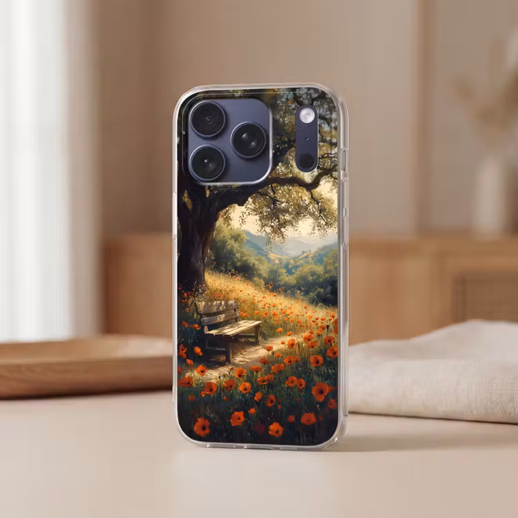 Telefoonhoesje Softcase - Bankje - Boom - Klaprozen - Heuvels — 3