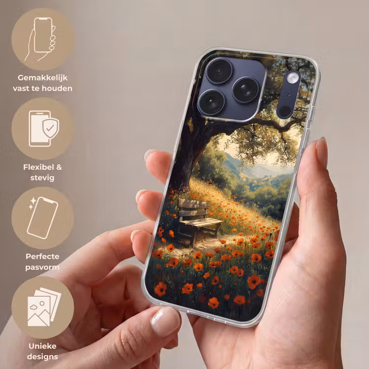 Telefoonhoesje Softcase - Bankje - Boom - Klaprozen - Heuvels — 4
