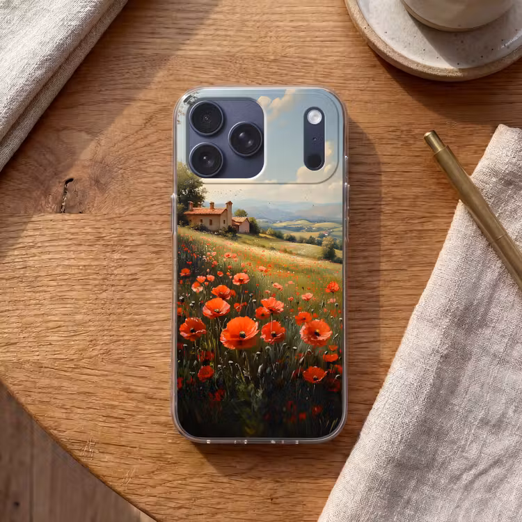 Telefoonhoesje Softcase - Klaprozen - Rood - Heuvels - Landschap — 2