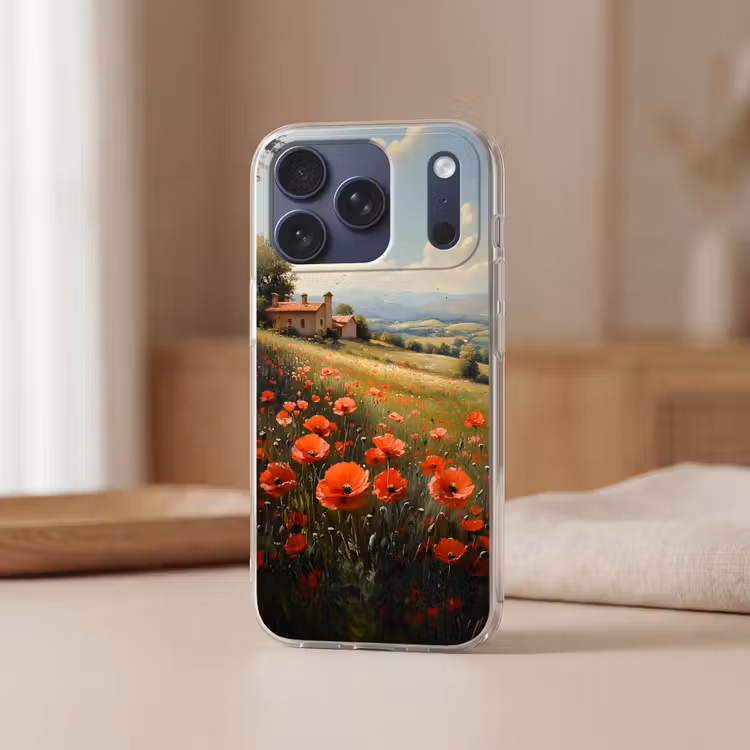 Telefoonhoesje Softcase - Klaprozen - Rood - Heuvels - Landschap — 3