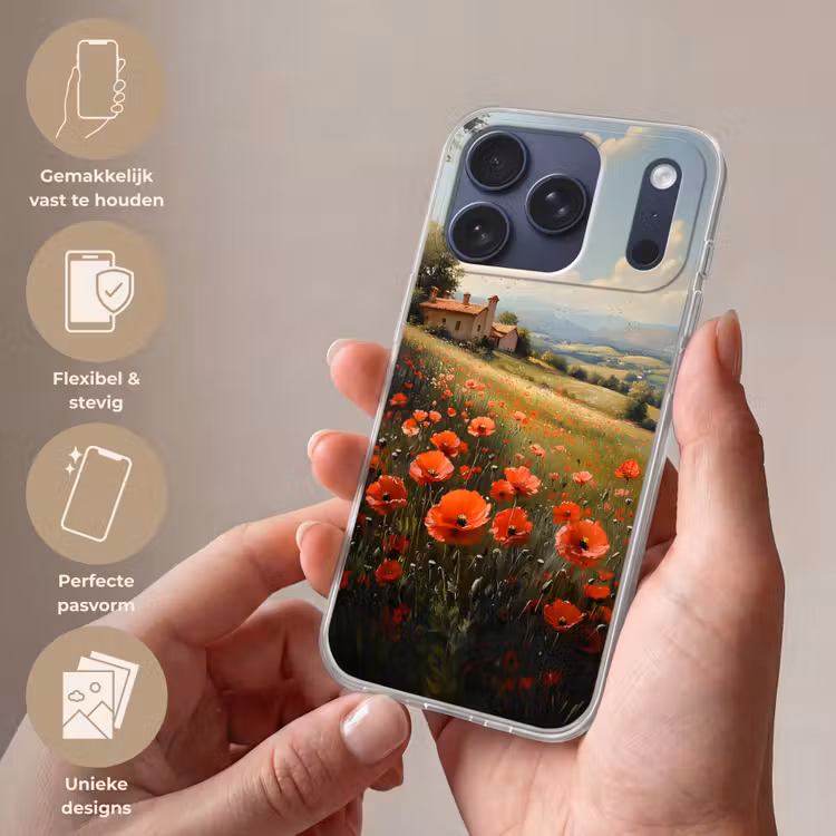 Telefoonhoesje Softcase - Klaprozen - Rood - Heuvels - Landschap — 4