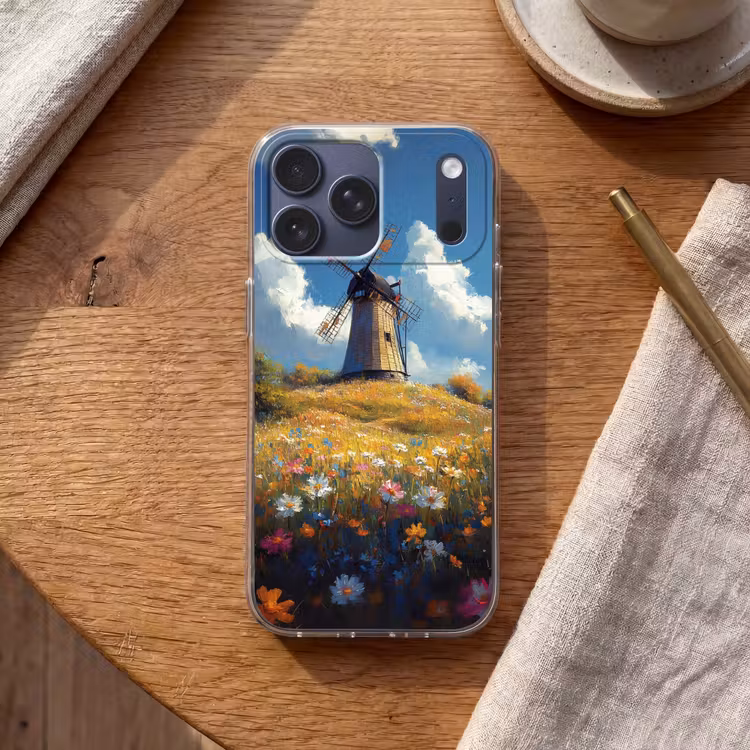 Telefoonhoesje Softcase - Windmolen - Heuvel - Bloemen - Kleurrijk — 2