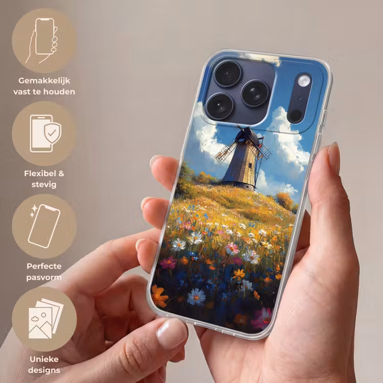Telefoonhoesje Softcase - Windmolen - Heuvel - Bloemen - Kleurrijk — 4