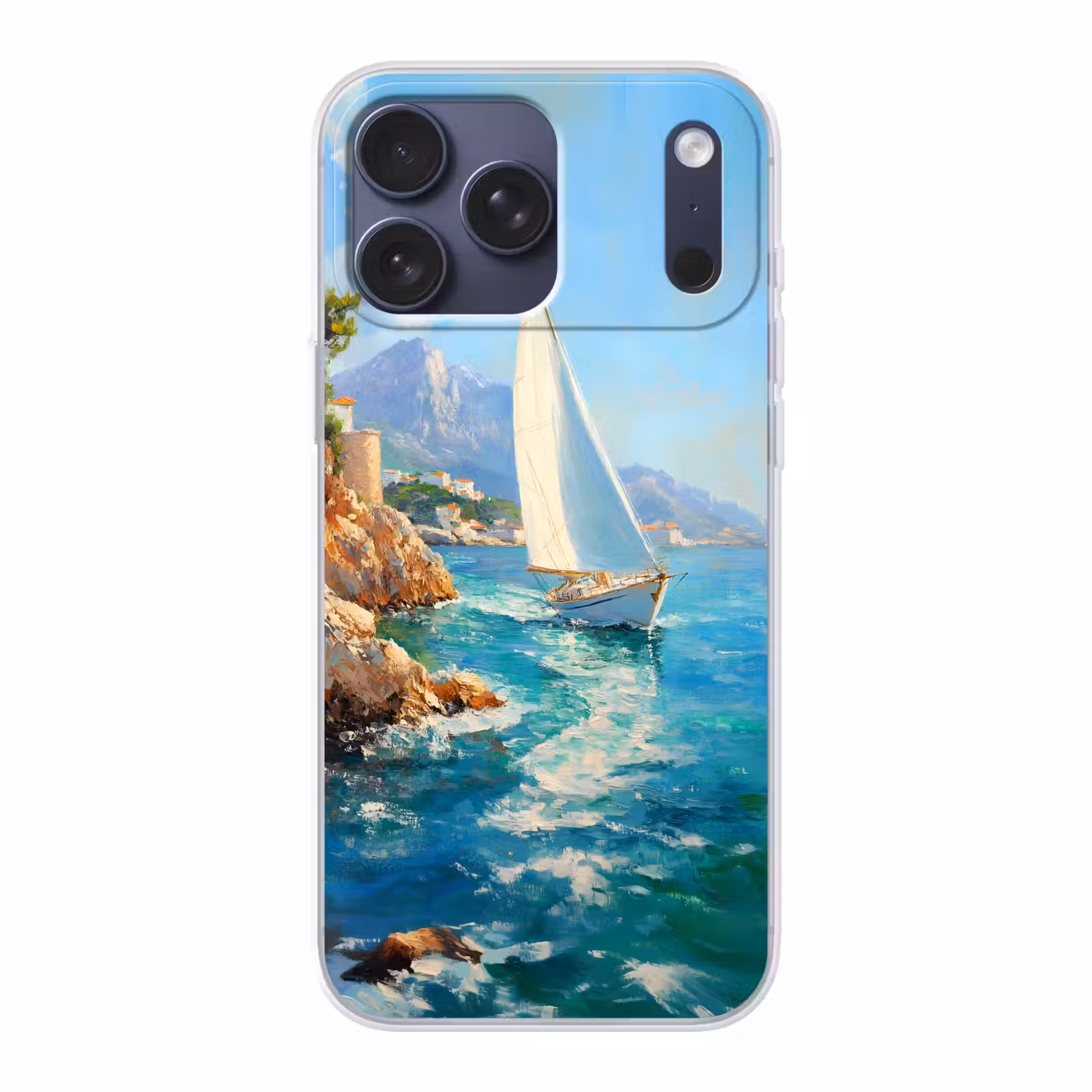 Telefoonhoesje Softcase - Zeilboot - Rotsen - Kust - Huizen — 1