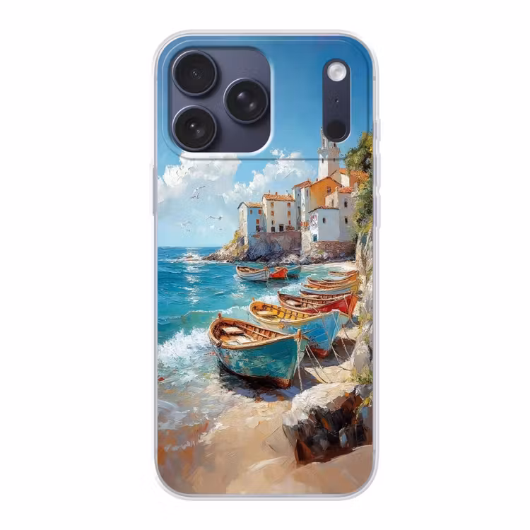 Telefoonhoesje Softcase - Boten - Rotsen - Zee - Zon — 1