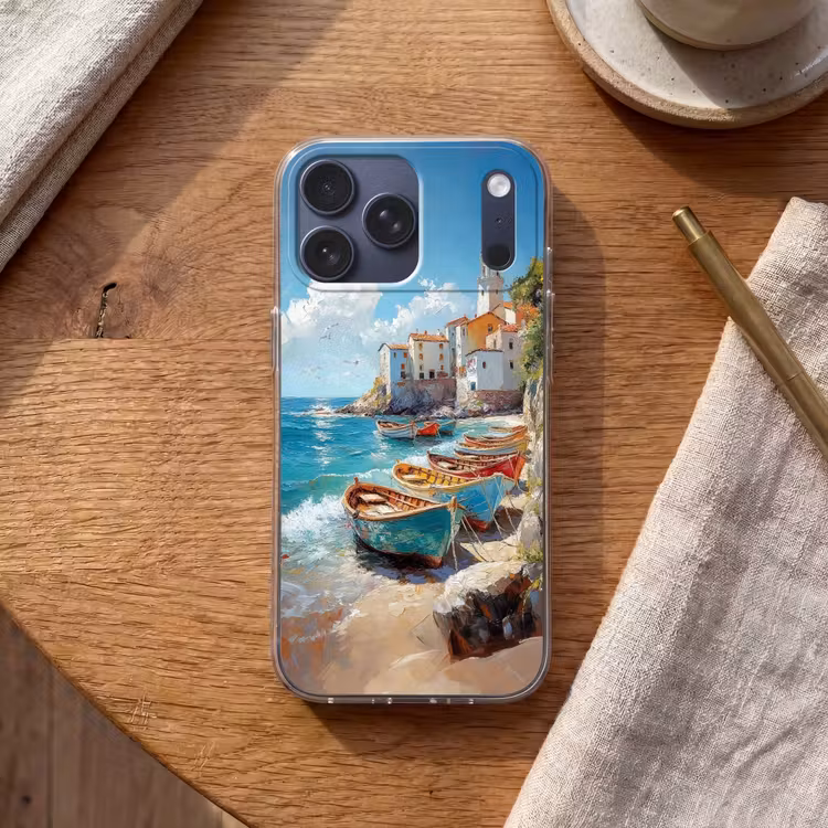 Telefoonhoesje Softcase - Boten - Rotsen - Zee - Zon — 2