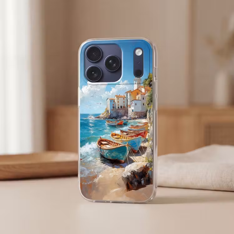 Telefoonhoesje Softcase - Boten - Rotsen - Zee - Zon — 3