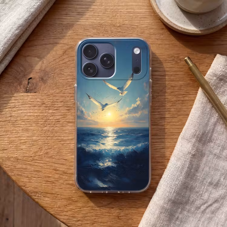 Telefoonhoesje Softcase - Meeuwen - Zee - Wolken -Blauw — 2
