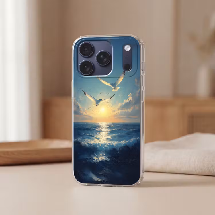 Telefoonhoesje Softcase - Meeuwen - Zee - Wolken -Blauw — 3