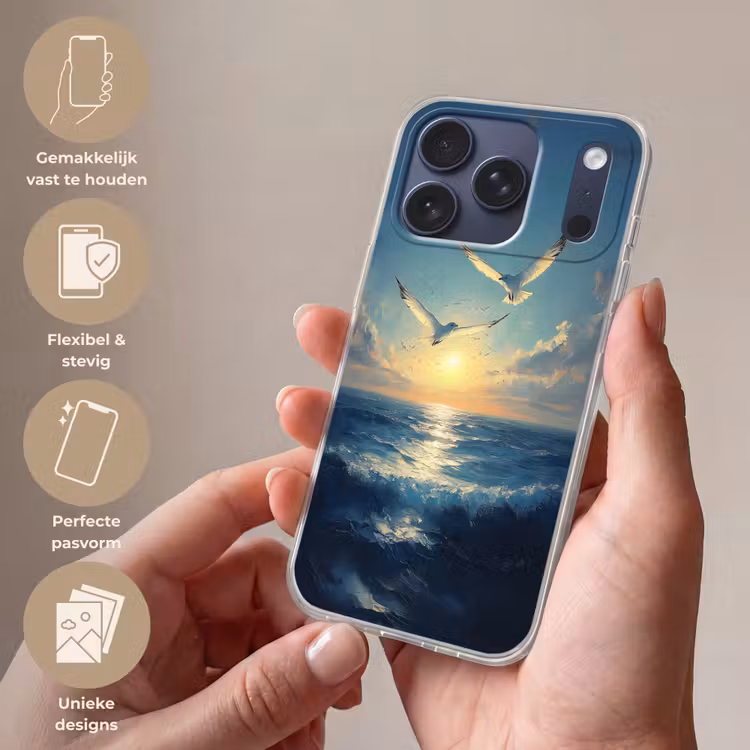 Telefoonhoesje Softcase - Meeuwen - Zee - Wolken -Blauw — 4