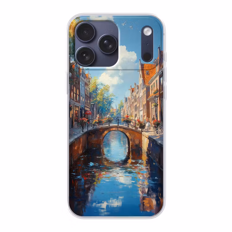 Telefoonhoesje Softcase - Stad - Gracht - Zon - Fietsen — 1