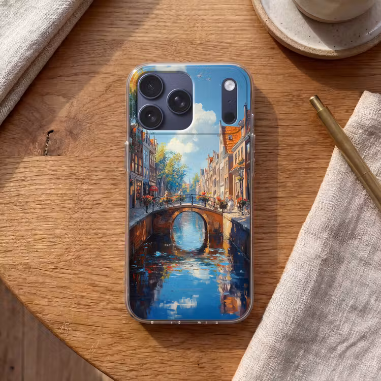 Telefoonhoesje Softcase - Stad - Gracht - Zon - Fietsen — 2