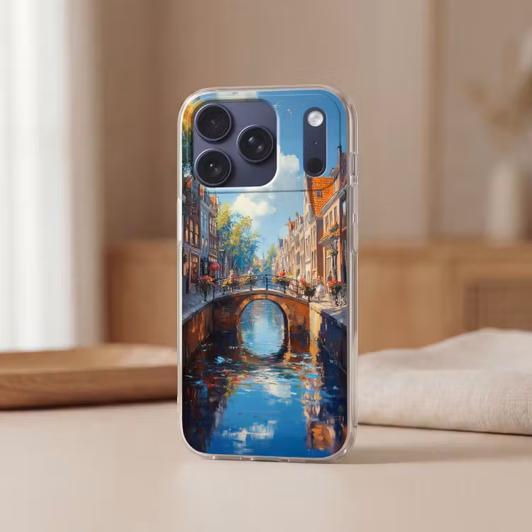 Telefoonhoesje Softcase - Stad - Gracht - Zon - Fietsen — 3