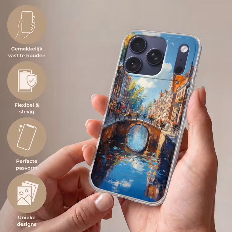 Telefoonhoesje Softcase - Stad - Gracht - Zon - Fietsen — 4