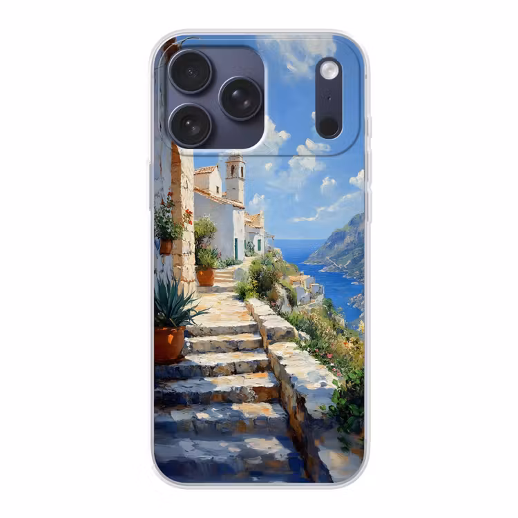 Telefoonhoesje Softcase - Trap - Huizen - Berglandschap - Zee — 1