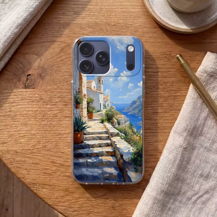 Telefoonhoesje Softcase - Trap - Huizen - Berglandschap - Zee — 2