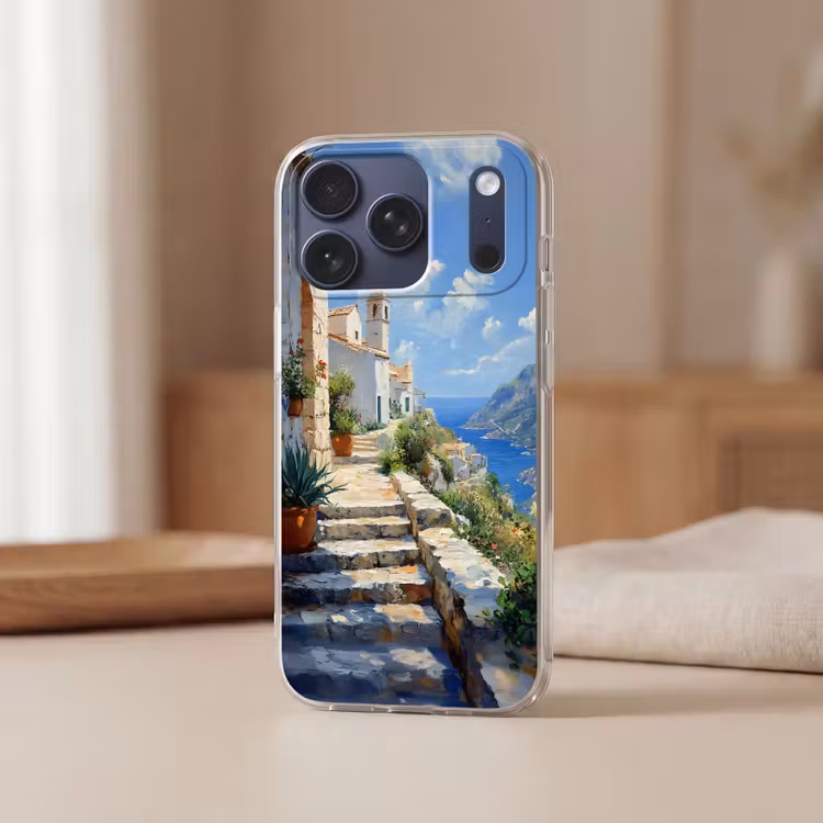 Telefoonhoesje Softcase - Trap - Huizen - Berglandschap - Zee — 3