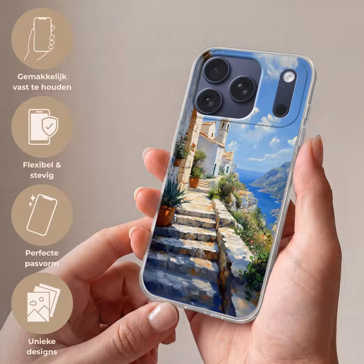 Telefoonhoesje Softcase - Trap - Huizen - Berglandschap - Zee — 4