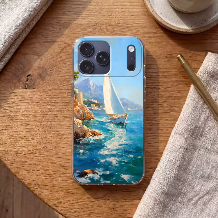 Telefoonhoesje Softcase - Zeilboot - Rotsen - Kust - Huizen — 2